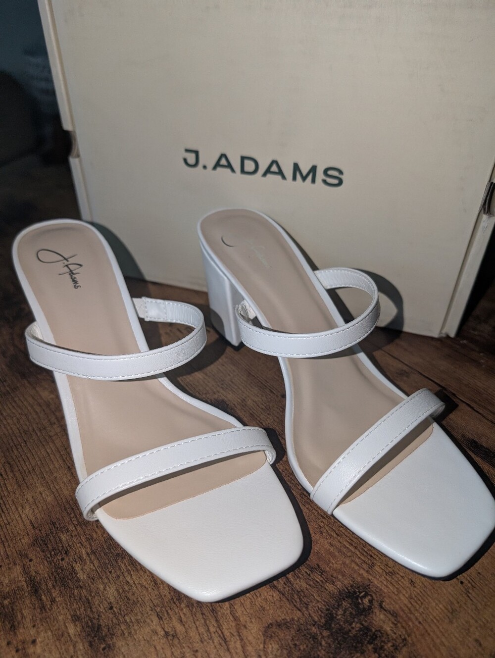 J. Adams White Double-Strap Block Heel Mules